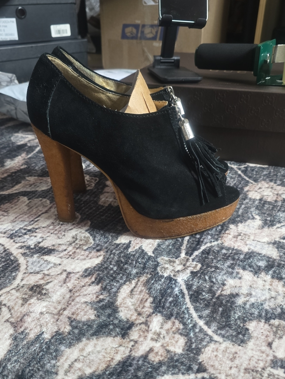 Michael Kors Black Suede Platform Tassel Heel - Women